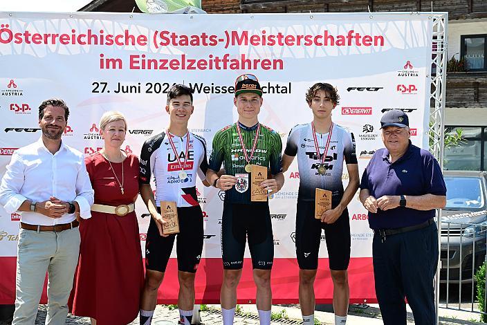 Podest U23, 2. Platz Heimo Fugger (AUT, UAE Team Emirates - Gen z9, Sieger Valentin Poschacher (AUT, Hrinkow Advarics), 3. Paul Viehböck (AUT, Tirol KTM Cycling Team), Österreich Staatsmeisterschaft, Einzel - Zeitfahren, ÖSTM EZF Weißenbachtal - OÖ