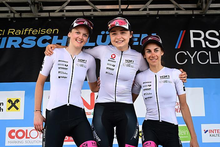 Podest U23, 2. Platz Amelie Cooper (GBR, Union Raiffeisen Radteam Tirol), Siegerin Elisa Winter (AUT, Union Raiffeisen Radteam Tirol), 3. Platz Franziska Ehrenreich (AUT, Union Raiffeisen Radteam Tirol), Road Cyling League Austria, Damen Elite, U23, Road Cycling League Austria, 62. Raika Kirschbluetenrennen, Wels, Oberösterreich