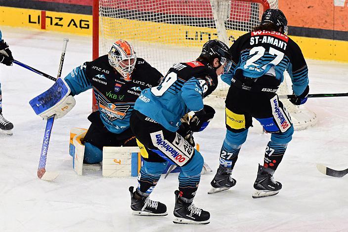 Tormann Rasmus Tirronen (Steinbach Black Wings Linz), Graham Knott (Steinbach Black Wings Linz), Shawn St.Amant (Steinbach Black Wings Linz) 36. Runde ICE, Steinbach Black Wings Linz vs EC iDM Wärmepumpen VSV), Linz AG Eisarena 