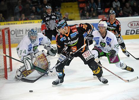 Brad Purdie, Liwest Black Wings Linz vor dem Tor der Laibacher. 