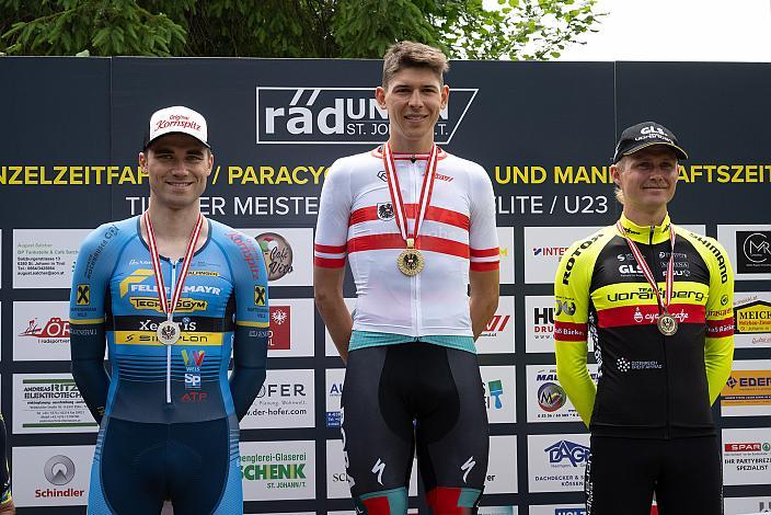 Siegerpodest Herren: v.l. 2.Platz Felix Ritzinger (AUT, Team Felbermayr Simplon Wels),  Patrick Gamper (AUT, Bora - Hansgrohe) Zeitfahr Staatsmeister, 3. Platz Moran Vermeulen (AUT, Team Vorarlberg)