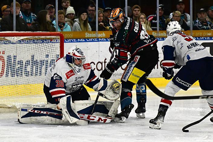 Tormann Oliver Roy (Hydro Fehervar AV 19), Sean Collins (Steinbach Black Wings Linz), Steinbach Black Wings Linz vs Hydro Fehervar AV19, Weihnachtstrikot ICE Eishockey Liga, Linz AG Eisarena