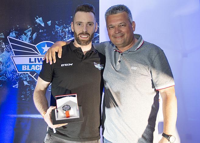 Tormann Michael Ouzas (EHC Liwest Black Wings Linz), PrÃ¤sident Ing. Peter Freunschlag (EHC Liwest Black Wings Linz) EHC Liwest Black Wings Saisonabschluss