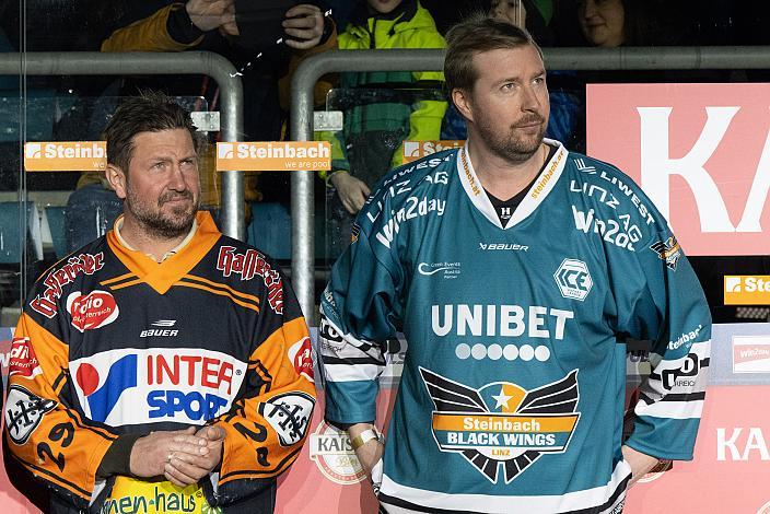 Sven Klimbacher (Black Wings Legende), Thomas Pfeffer (Black Wings Legende), Steinbach Black Wings Linz vs EC ID Wärmepumpen VSV, 47. Runde, Retro Night, ICE Hockey League, Steinbach Black Wings Linz, Linz AG Eisarena 