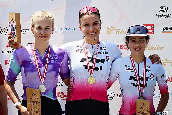Podest Damen U23, 2. Platz  Sophie Walcher (AUT, RCGG Racing Team), Siegerin Tabea Huys (AUT, Tirol Woman Cycling), 3. Platz Ramona Griesser (AUT, Tirol Woman Cycling), Österreich Staatsmeisterschaft, Einzel - Zeitfahren, ÖSTM EZF Weißenbachtal - OÖ