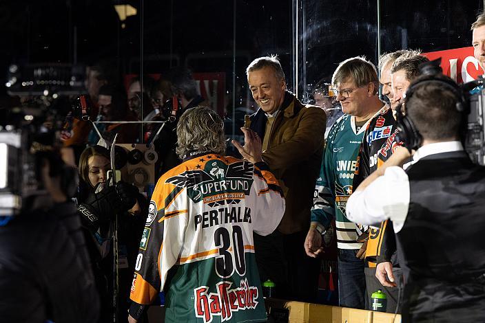 Christian Perthaler (Black Wings Legende), Helmut Keckeis (Black Wings Legende),  Steinbach Black Wings Linz vs EC ID Wärmepumpen VSV, 47. Runde, Retro Night, ICE Hockey League, Steinbach Black Wings Linz, Linz AG Eisarena