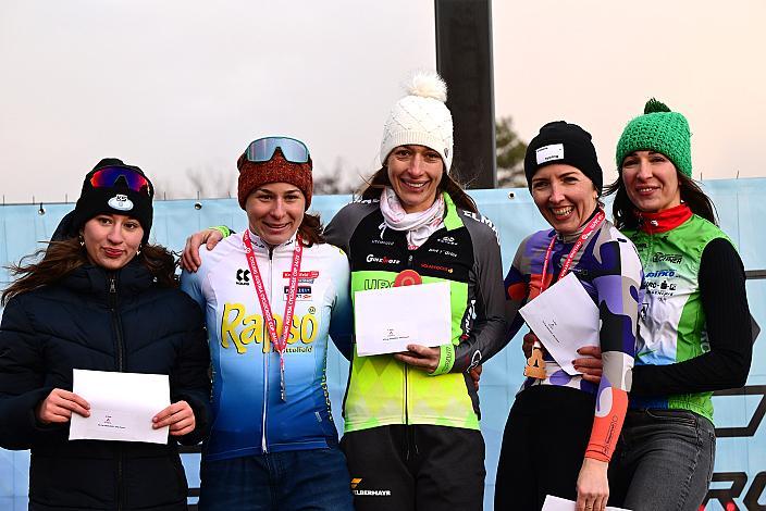 Podest Cycling Austria Cyclocross Cup, Damen 5. Platz Rosalie Denk (AUT, RC ARBÖ Sparkasse Pernitz), 2. Platz Romana Slavinec (AUT, ARBÖ Rapso Knittelfeld), Gesamtsiegerin  Silke Mair (AUT, URC RIED Ginzinger).  3. Platz Maria Lechner (AUT, Der Radsporttreff),  4. Platz  Andrea Lammerhuber (AUT, URK SPK Renner Langenlois), Cyclo Cross, ÖSTM/ÖM Querfeldein, Ciclo Cross, Cycling Austria, Maria Enzersdorf, NÖ