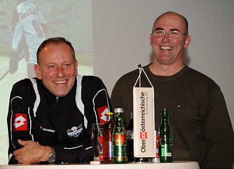 Trainer Jim Boni und Rick Nasheim, mit guter Laune beim Fantalk. 