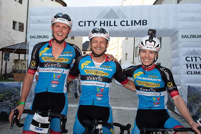 2. Platz Moran Vermeulen (AUT, Team Felbermayr Simplon Wels), Sieger Daniel Federspiel (AUT, Team Felbermayr Simplon Wels), 3. Platz Daniel Lehner (AUT, Team Felbermayr Simplon Wels)  City Hill Climb Salzburg, Festung Hohensalzburg, Radsport, Bergrennen