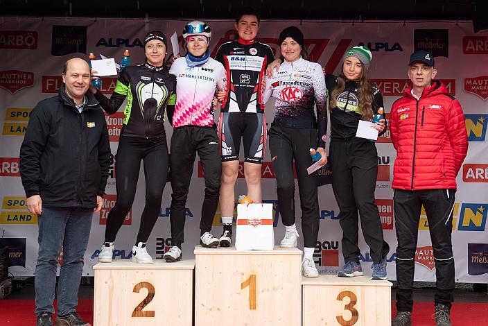 Podest Juniorinnen, Siegerin Miriam Zeise (GER, 1.RC Jena - Juniorinnen team), 2. Platz Daniela Schmidsberger (AUT, Mangertseder Bayern), 3. Johanna Martini, Damen Elite, U23, Radliga, Einzelzeitfahren Stephanshart, Niederösterreich