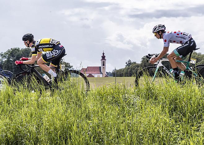 v.l. Podest Gesamt und Tagesergebnis, 2. Platz Vegard Stokke (NOR, Willebrord Wil Vooruit), Etappensieger und Gesamtsieger Marco Brenner (GER, Auto Eder Bayern)   3. Etappe Bad Wimsbach - Gmundner Berg, OberÃ¶sterreich Junioren Rundfahrt