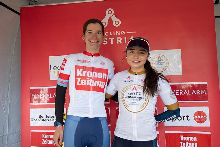 Podest Cyclin League Leader Petra Zsanko (HUN, Arbö Rapso Knittelfeld), Leader U23 Elisa Winter (AUT, Union Raiffeisen Radteam Tirol)  63. Saison Eroeffnung Leonding Damen Elite, Road Cyling League Austria