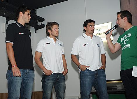 Das Torhuetertrio von links Christoph Lindenhofer, Lorenz Hirn und Alex Westlund, Saisoneroeffnungdparty, EHC Liwest Black Wings Linz
