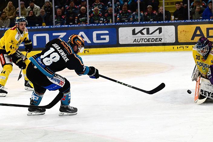 Ken Ograjensek (Steinbach Black Wings Linz), Tormann Sebastian Wraneschitz (spusu Vienna Capitals)  Win2Day ICE Hockey League,  Steinbach Black Wings Linz vs Spusu Vienna Capitals,  Linz AG Eisarena 