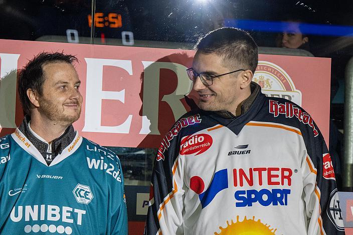 Philipp Hollinger v, Gregor Obermayr (Black Wings Legende), Steinbach Black Wings Linz vs EC ID Wärmepumpen VSV, 47. Runde, Retro Night, ICE Hockey League, Steinbach Black Wings Linz, Linz AG Eisarena 