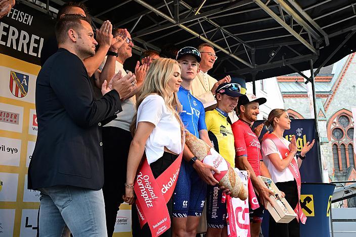Im Gelben Trikot und Etappensieger Aaron Dockx (BEL, Alpecin-Deceuninck Development Team), Daniel Federspiel (AUT, Team Felt - Felbermayr), Tibor del Grosso (NED, Alpecin-Deceuninck Development Team),  Wels - Aigen - Schlägl, 14. Int. Raiffeisen OÖ-Radrundfahrt UCI Kat. 2.2