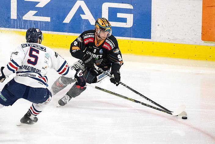 Bence Stipsicz (Hydro Fehervar AV 19), Emilio Romig (Steinbach Black Wings Linz), Steinbach Black Wings Linz vs Hydro Fehervar AV 19, 52. Runde ICE Hockey League, Steinbach Black Wings Linz, Linz AG Eisarena 