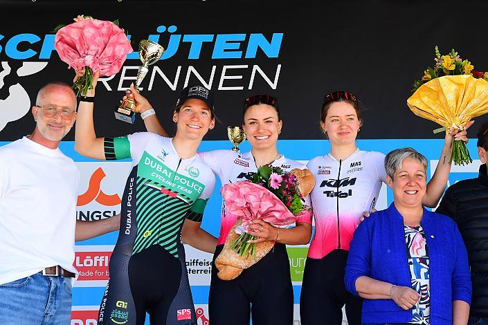 v.l. 2. Platz Petra Zsanko (HUN, Dubai Police Cycling Team), Siegerin und führende Road Cycling League Tabea Huys (AUT, Tirol Woman Cycling),  3. Platz. Liv Wenzel (LUX, Tirol Woman Cycling), Damen Elite, U23, Road Cycling League Austria, 64. Raika Kirschbluetenrennen, Wels, Oberösterreich