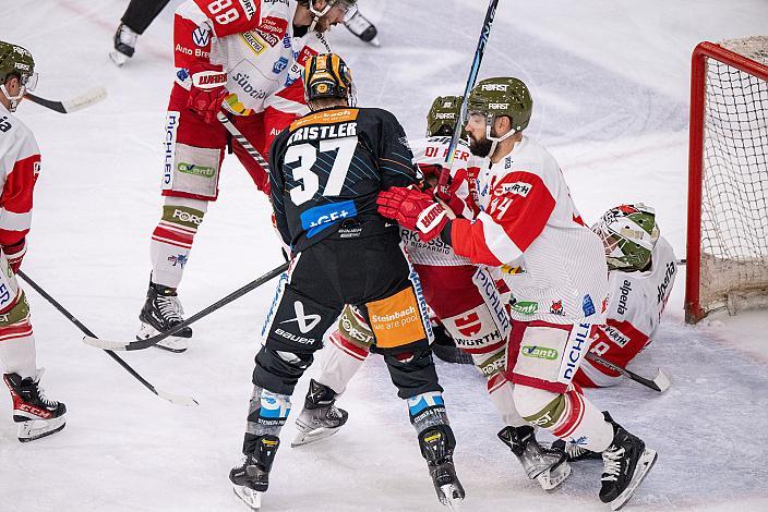 Andreas Kristler (Steinbach Black Wings Linz), Scott Valentine (HCB Suedtirol Alperia), Tormann Samuel Harvey (HCB Suedtirol Alperia) Steinbach Black Wings Linz vs HCB Südtirol Alperia, Viertelfinale, 6. Runde ICE Hockey League, Linz AG Eisarena 