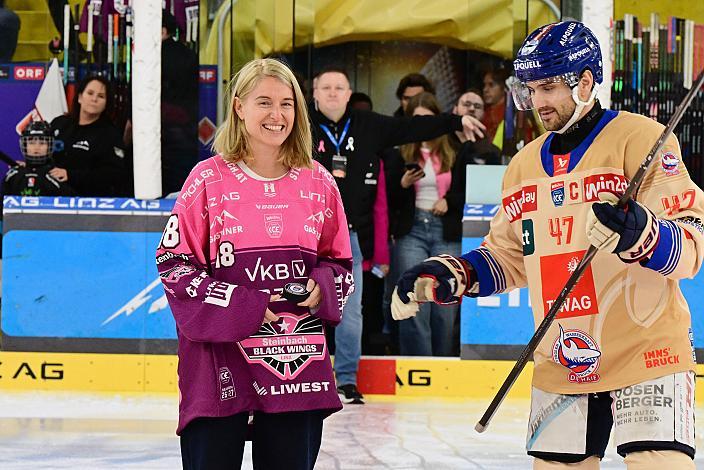 LH-Stv. OÖ, Mag. Christine Haberlander , Marcel Witting (HC Tiwag Innsbruck - Die Haie), ICE, Steinbach Black Wings Linz vs HC Tiwag Innsbruck - Die Haie Linz, AG Eisarena 