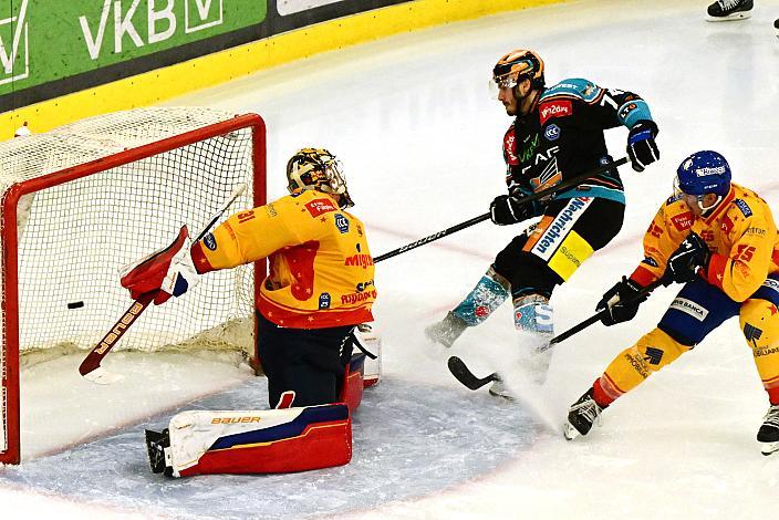 Nico Feldner (Steinbach Black Wings Linz) erzielt das 2 zu 0 gegen Tormann Evan Cowley Stevenson (Migross Supermercati Asiago Hockey 1935)  Win2Day ICE Hockey League,  Steinbach Black Wings Linz vs  Migross Supermercati Asiago Hockey 1935,  Linz AG Eisarena 