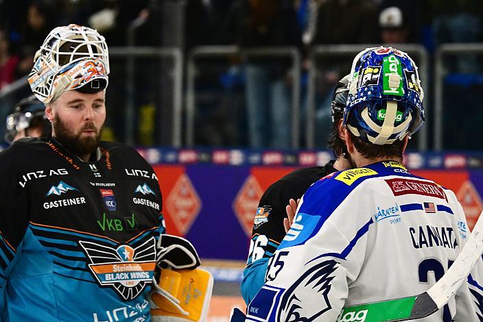 Tormann Rasmus Tirronen (Steinbach Black Wings Linz), Tormann Joe Cannata (EC iDM Wärmepumpen VSV), Saisonende in Linz, Spiel 2 Pre-Playoffs,  ICE, Steinbach Black Wings Linz vs EC iDM Wärmepumpen VSV, Linz AG Eisarena 