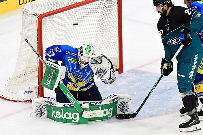 Shawn St.Amant (Steinbach Black Wings Linz), Tormann Rene Swette (EC iDM Wärmepumpen VSV), Testspiel Steinbach Black Wings Linz vs EC VSV, Linz AG Eisarena