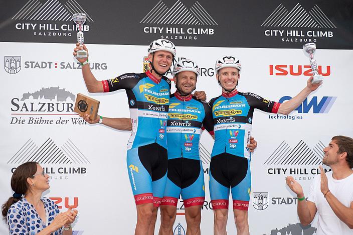 2. Platz Moran Vermeulen (AUT, Team Felbermayr Simplon Wels), Sieger Daniel Federspiel (AUT, Team Felbermayr Simplon Wels), 3. Platz Daniel Lehner (AUT, Team Felbermayr Simplon Wels)  City Hill Climb Salzburg, Festung Hohensalzburg, Radsport, Bergrennen