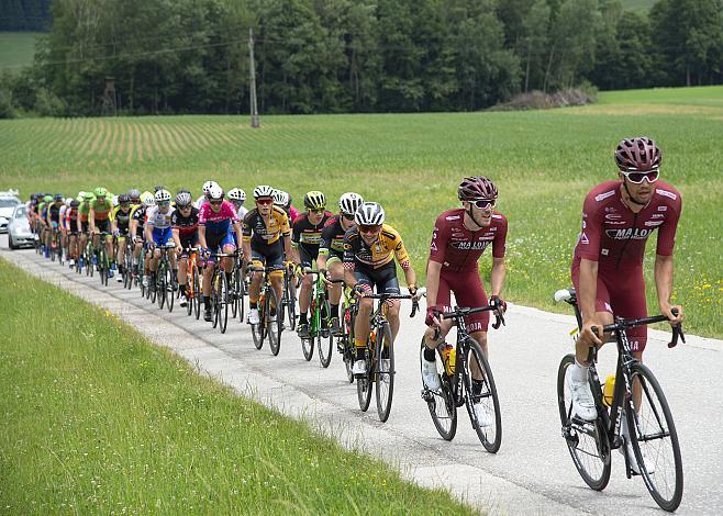 Das Feld auf der Schlussrunde in Ternberg, mit Lukas Schlemmer (AUT, Maloja Pushbikers), Jodok Salzmann (AUT, Maloja Pushbikers), 3. Etappe Traun - Ternberg, Radsport 10. Int. OOE Rundfahrt