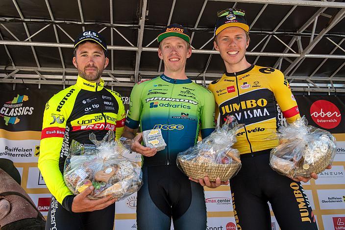 Siegerpodest Etappe, 2. Platz Alexis Guerin (FRA, Team Vorarlberg), Sieger Rainer Kepplinger (AUT, Hrinkow Advarics), 3. Platz Johannes Staune-Mittet (NOR, Team Jumbo-Visma)  St.Florian, Asten - Resort Hinterstoder, Höss, Int. Raiffeisen Oberösterreich Rundfahrt UCI Kat. 2.2