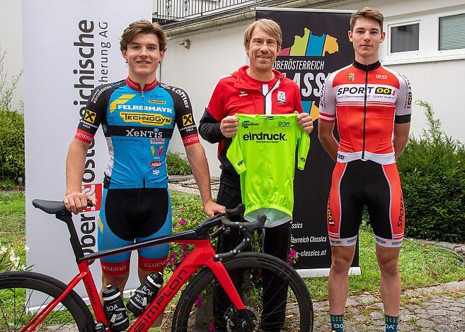 v.l. Adrian Stieger (AUT, RC ARBÖ Felbermayr Wels), Valentin Zeller (LRV OÖ Landestrainer Radsport), Jakob Purtscheller (AUT, Team Felbermayr Wels),  Pressekonferenz, 46. Int. Keine Sorgen Oberösterreich Juniorenrundfahrt
