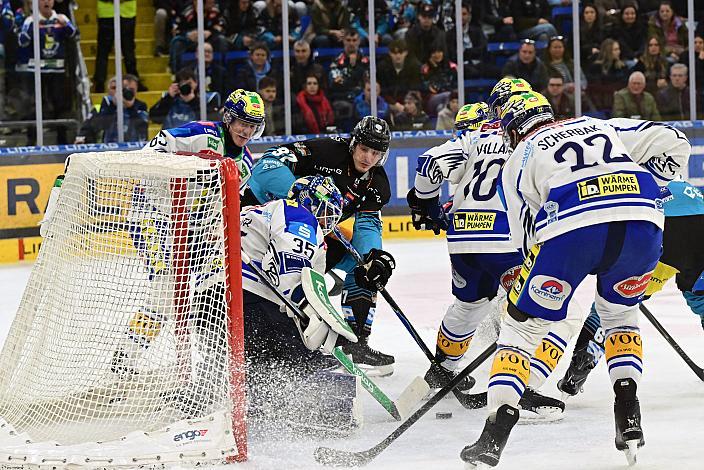 Tormann Rene Swette (EC iDM Wärmepumpen VSV), Luka Maver (Steinbach Black Wings Linz) Spiel 2 Pre-Playoffs,  ICE, Steinbach Black Wings Linz vs EC iDM Wärmepumpen VSV, Linz AG Eisarena 