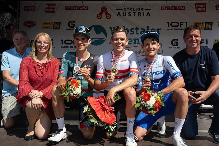 v.l. Patrick Gamper (AUT, Bora - Hansgrohe), Staatsmeister Gregor Mühlberger (AUT, Movistar Team), Lukas Pöstlberger (AUT, Team Jayco AlUla)  ÖM Staatsmeisterschaft, Strasse, Waidhofen an der Ybbs - Hollenstein