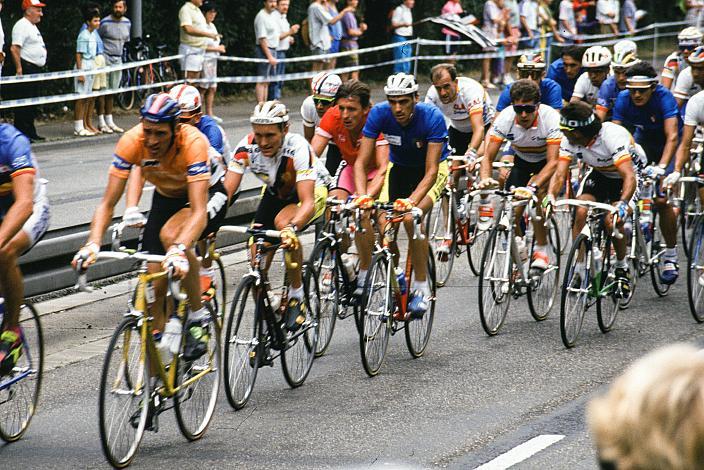 v.l. Rolf Gölz (GER), Andrey Tchmil (RUS, BEL), Pedro Delgado (ESP), Claudio Chiapucci (ITA), Herren Profi Rennen, Strasse WM Stuttgart, 1991
