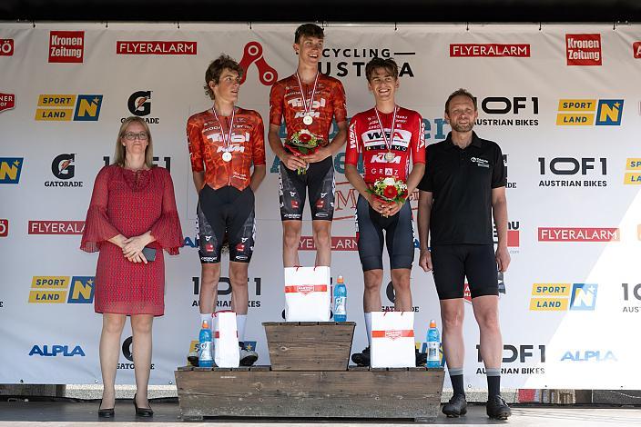 Podest U23 2. Platz Marco Schrettl (AUT, Tirol KTM Cycling Team), Sieger Alexander Hajek (AUT, Tirol KTM Cycling Team), 3. Platz Maximilian Kabas (AUT, WSA KTM Graz pb Leomo), ÖM Staatsmeisterschaft, Strasse, Waidhofen an der Ybbs - Hollenstein