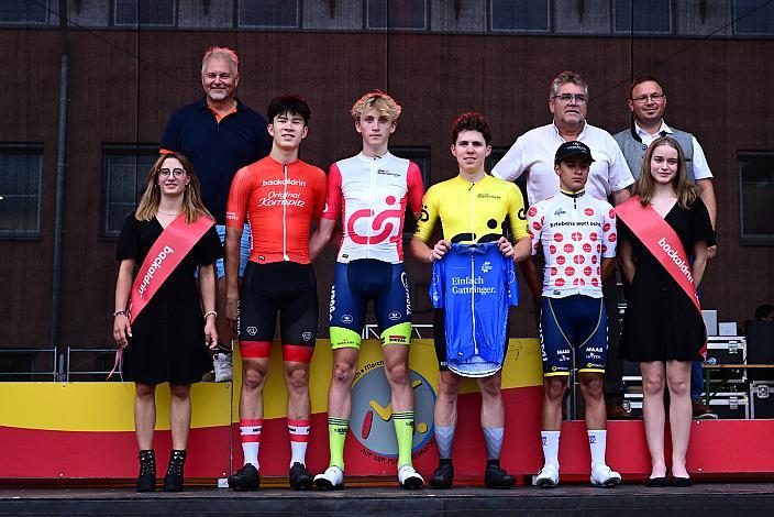 Die Trikotträger , mit Heimo Fugger (AUT), Etappenpodest 2. Platz Jasper Verbrugge (BEL, Acrog-Tormans), Sieger Luis Grupp (GER), 3. Platz Noel Toth (SUI), Bergtrikot Daniel Moreiera (POR), 21. Etappe Marchtrenk  - Marchtrenk, Int. Oberösterreichische Versicherung OÖ Junioren Oberösterreich Rundfahrt 