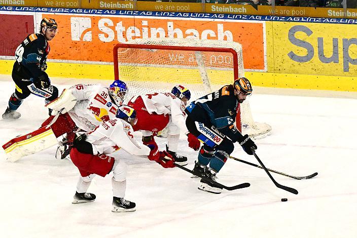 Shawn St.Amant (Steinbach Black Wings Linz), Tormann Atte Tolvanen (EC Red Bull Salzburg), Ernest Schilling (EC Red Bull Salzburg), Ali Wukovits (EC Red Bull Salzburg), Steinbach Black Wings Linz vs EC Red Bull Salzburg, Playoffs, 2. Viertelfinale, Linz AG Eisarena 