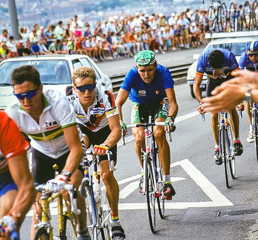 v.l. Scott Sunderland (AUS9, Jens Heppner (GER), Marco Giovannetti (ITA), Herren Profi WM Stuttgart, 1991
