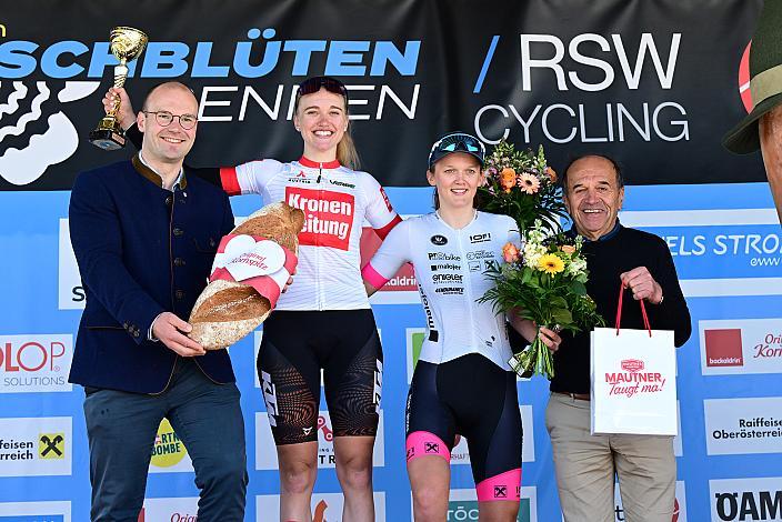 Siegerin Katharina Sadnik (AUT, KTM Factory MTB Team), 3. Platz Amelie Cooper (GBR, Union Raiffeisen Radteam Tirol),  Damen Elite, U23, Road Cycling League Austria, 63. Raika Kirschbluetenrennen, Wels, Oberösterreich