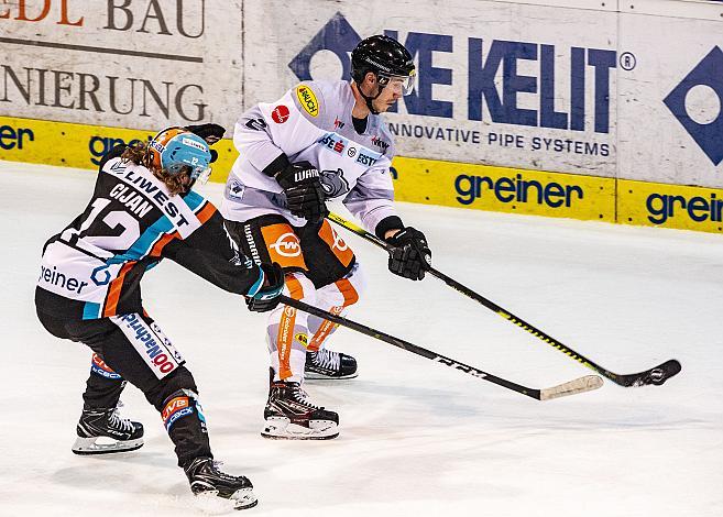 Im Bild: Alexander Cijan (EHC Liwest Black Wings Linz), Olivier Magnan (Dornbirn Bulldogs) Eishockey,  EHC Liwest Black Wings Linz vs Dornbirn Bulldogs