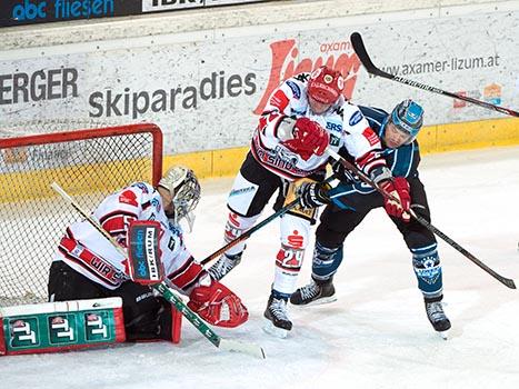 Andrew Kozek, Linz vor Adam Munro, Tormann, Innsbruck, HC TWK Innsbruck vs. EHC Liwest Black Wings Linz Testspiel, Haiefest