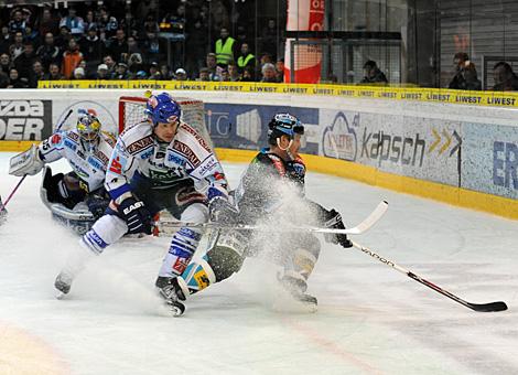 #19 Rob Shearer, Liwest Black Wings Linz, spielt die #4 Michael Stewart, VSV, aus.