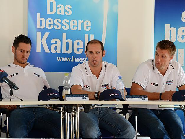 Pressekonferenz fuer die Saison 2012-2013, von links, Philipp Lukas, Gregor Baumgartner, Brett Engelhardt