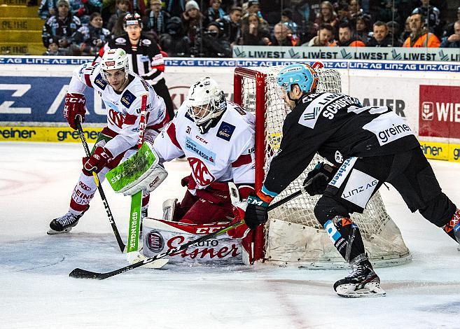 Tormann David Madlener (EC KAC), Rick Schofield (EHC Liwest Black Wings Linz). Eishockey,  2. Viertelfinale EHC Liwest Black Wings Linz vs EC KAC