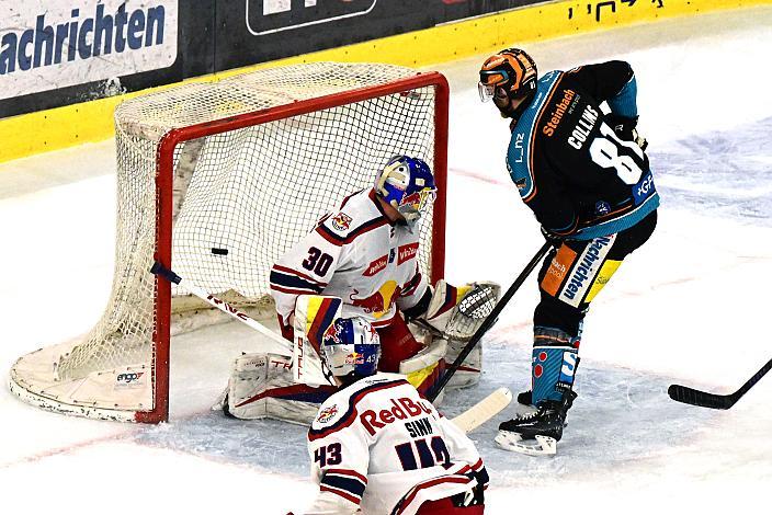 Sean Collins (Steinbach Black Wings Linz) scort zum 2 zu 0 gegen Tormann David Kickert (EC Red Bull Salzburg),  Win2Day ICE Hockey League,  Steinbach Black Wings Linz vs EC Red Bull Salzburg,  Linz AG Eisarena 