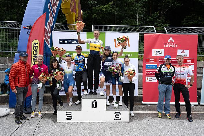 Podest Damen Rennen 2.Platz Nadja Heigl (AUT, SU Bikestore CC), Siegerin Anna Kofler (AUT, URC Veloblitz), 3. Plattz Elisa Winter (AUT, Union Raiffeisen Radteam Tirol), Winter (AUT, Union Raiffeisen Radteam Tirol) MYGYM Race am Salzburg Ring, Zeitfahren, Road Cycling League Austria, Cycling Austria, Damen Elite, 