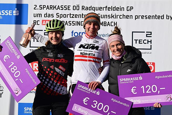 Siegerpodest 2.Platz Clara Sommer(AUT, ARBÖ PopaFlo Freistadt), 1. Platz Nadja Heigl (AUT, KTM Alchemist powered by Brenta Brakes),  3.Platz RINDLER-BACHL Theresa (SV Aigen), Radquerfeldein GP um das Sportzentrum Gunskirchen, Rad Cyclo Cross, 