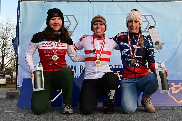 Podest Damen, 2. Platz Nora Fischer (AUT, UNION RV Dornbirn 1886), Nadja Heigl (AUT, KTM Alchemist bp Brenta Breaks), 3. Platz  Silke Mair (AUT, RC ARBÖ Felt Felbermayr Wels), Rad Cyclo Cross, ÖSTM/ÖM Querfeldein, Ciclo Cross, Cycling Austria, Maria Enzersdorf, NÖ