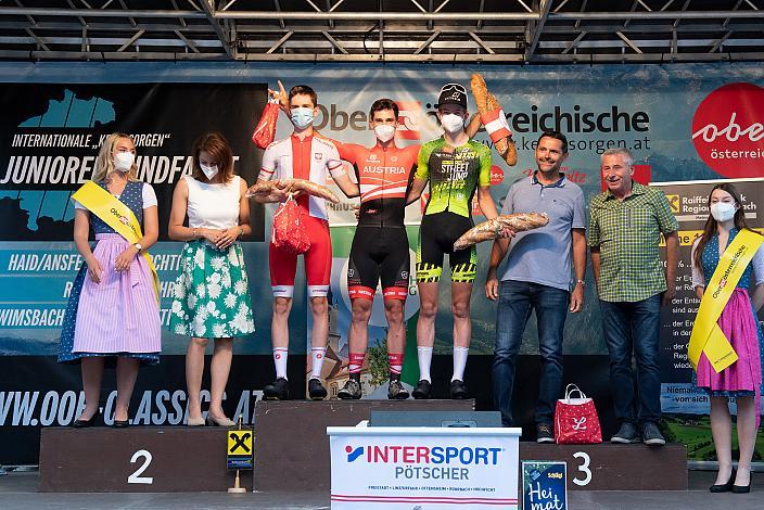 Das Siegerpodest von links. 2. Platz Mateusz  Gajudulewicz (POL, Team Polen) Sieger Leo Kerschbaumer (AUT, Team Österreich), 3. Platz Tibor Del Grosso (NED, Streetjump Development team), 46. Int. Keine Sorgen,  Junioren Rundfahrt UCI Kat. MJ 2.1, 2. Etappe Rohrbach - Rohrbach