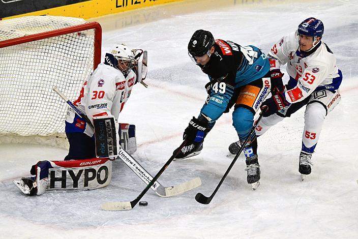 Tormann Matt Vernon (HC Tiwag Innsbruck - Die Haie), Graham Knott (Steinbach Black Wings Linz), Mario Ebner (HC TIWAG Innsbruck - Die Haie)26. Runde ICE, Steinbach Black Wings Linz vs HCInnsbruck, Linz AG Eisarena 